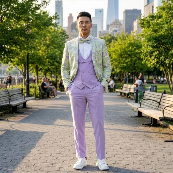 New 2026 Mens 3pc Spring Floral Lilac Suit Set, Skinny Fit - Picture 1 of 3